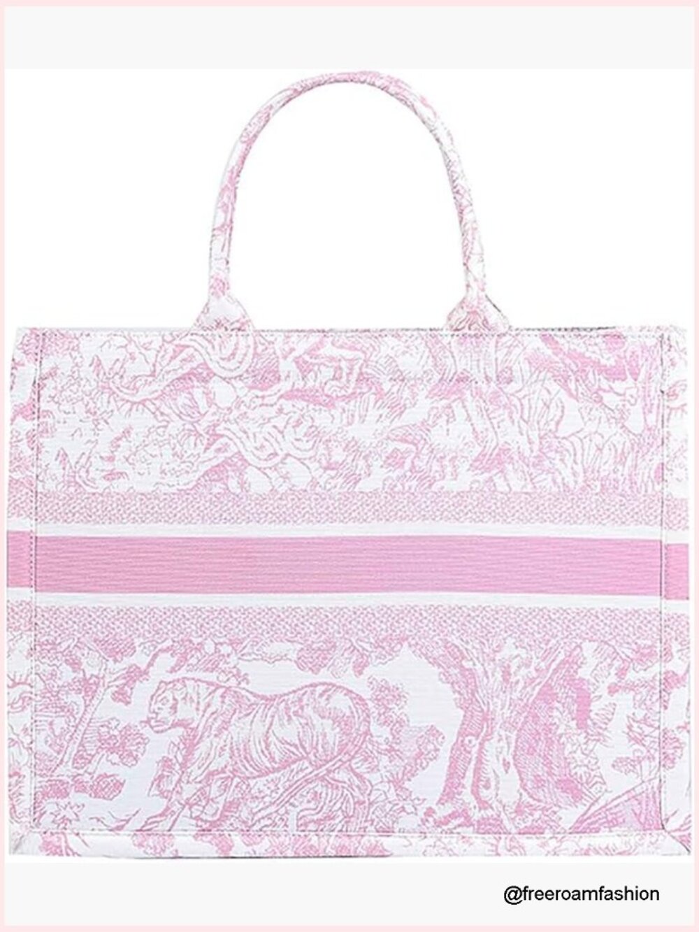 Large Canvas Tote Bag With Jacquard Embroidery, Zipper Closure